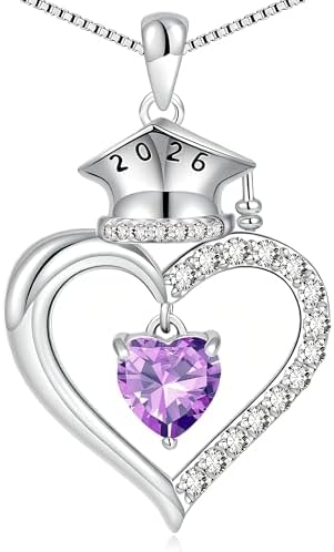 2026 Graduation Gifts for Her - S925 Sterling Silver Heart Graduation Cap Birthstone Necklaces, Class of 2026 High School College Graduation Gifts for Her by BLThing