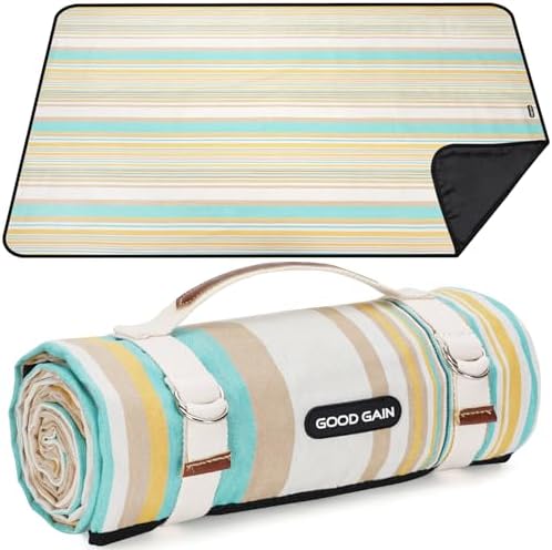 G GOOD GAIN Picnic Blanket Waterproof & Sand Proof,Beach Blanket Portable with Carry Strap, XL Large Foldable Picnic Rug Machine Washable for Camping Party,Wet Grass,Kids Playground.(Pineapple Yellow) by GGOODGAIN