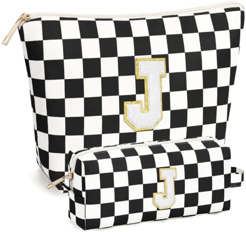 mibasies 2 PCS Initial Makeup Bags for Women: Cosmetic Bag for Travel Toiletry - Birthday Gifts for Teen Girl Gifts Trendy Stuff - Graduation Teacher Gift for Girlfriend -Checkered Black J by mibasies