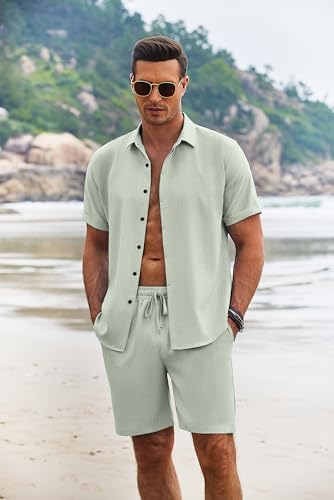 COOFANDY Men's Summer Beach Outfits 2 Piece Short Sleeve Shirts and Shorts Vacation Texture Linen Sets for Men - Image 2