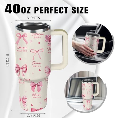 Christian Gifts for Women, 40 oz God Says I am Pink Tumbler with Handle, Inspirational Religious Birthday Gifts, Spiritual Catholic Faith Jesus Bible God Prayer Gift for Pink Bow Christian Cup - Image 7