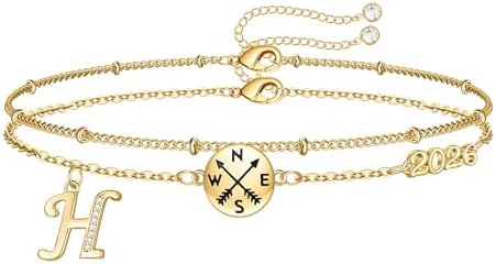 Hidepoo Graduation Gifts for Her, 14K-Gold-Plated Initial Compass Bracelet by HIDEPOO