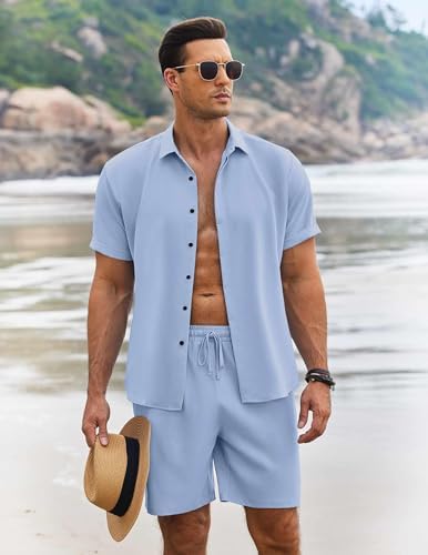 COOFANDY Men's Summer Beach Outfits 2 Piece Short Sleeve Shirts and Shorts Vacation Texture Linen Sets for Men - Image 3