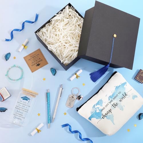Vesici 8 Pcs Class of 2026 Graduation Gift Box Set for Women Her Grad Cap Box Glass Cup Makeup Bag Bracelet Pen Keychain College High School Graduation Gift for Daughter Sister Friend(Blue) - Image 6