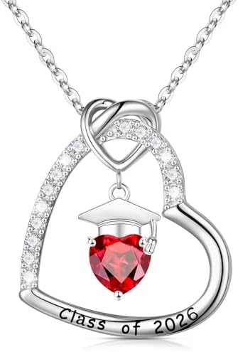 Turandoss 2026 Graduation Gifts - S925 Sterling Silver Heart Pendant Birthstone Graduation Cap Necklace Class of 2026 College High School Masters Degree Inspirational Gifts for Women by TurandossJewelry