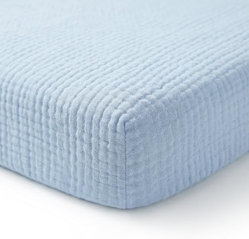 Muslin Pack and Play Sheet, 100% Cotton Playard Sheet (42"x24"), Breathable & Soft Mattress Pad Cover, Boho Blue for Boys(1 Pack) by ProGoleem