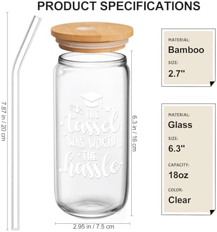 Frerdui Graduation Gift - The Tassel Was Worth the Hassle - 16oz Glass Cup for Her 2024, College, High School Student, New Job Congratulations - Image 2