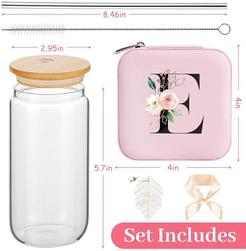 AYGXU Travel Jewelry Cases Organizer,Travel Essentials,Travel Gifts for Women Girls,16oz glass cup with bamboo lid and straw,aesthetic glass cup,Cute Tumbler Cup,Teacher Gifts,Initial E pink - Image 2