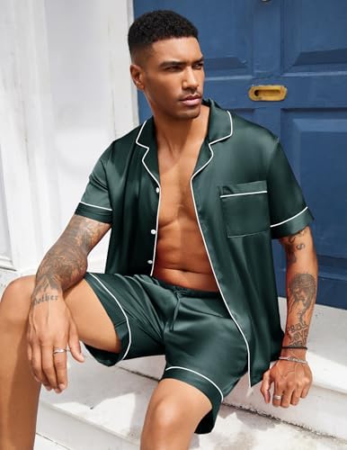 Ekouaer Mens Silk Satin Pajamas Set Short Sleeve Button Up Lounge Pjs Set - Image 5