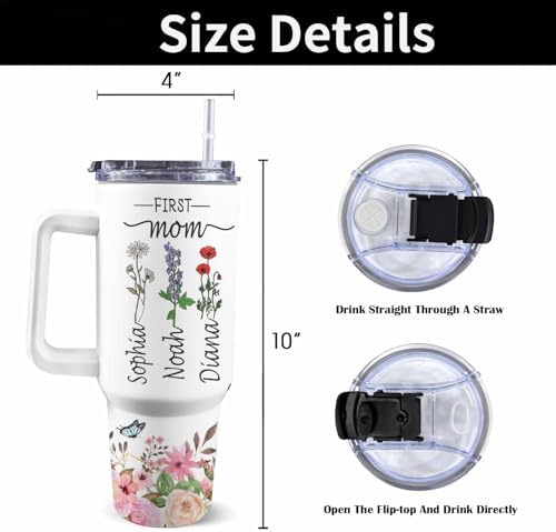 Gifts for Mom from Daughter Son, Personalized Mama Bear Tumbler with Handle and Straw, Custom Mom Coffee Tumbler with Kids Names, Personalized Mothers Day Gift for Women, Her, New Mom, Grandma - Image 3