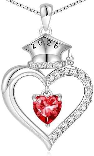 2026 Graduation Gifts for Her - S925 Sterling Silver Heart Graduation Cap Birthstone Necklaces, Class of 2026 High School College Graduation Gifts for Her by BLThing