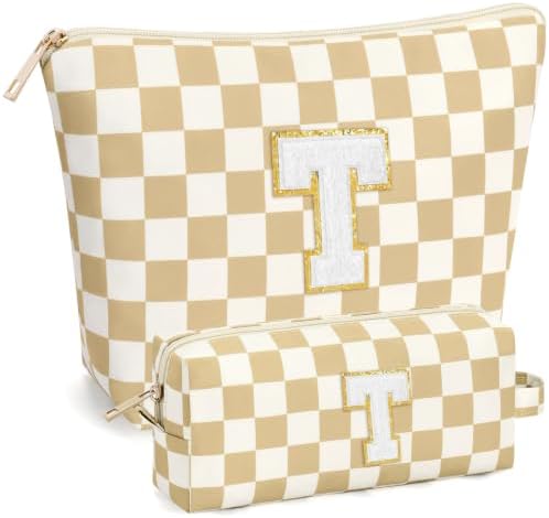 mibasies 2 PCS Initial Makeup Bags for Women: Cosmetic Bag for Travel Toiletry - Birthday Gifts for Teen Girl Gifts Trendy Stuff - Graduation Teacher Gift for Girlfriend -Checkered Brown T by mibasies