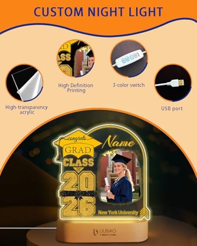 Personalized Graduation Gifts Custom Photo Name Night Light Gold and Black LED Table Lamp for 2026 University High School Senior Keepsake(Cap) - Image 5
