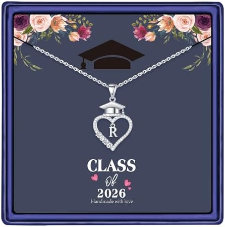 M MOOHAM Graduation Gift for Her 2026, 14K White Gold Plated CZ Graduation Cap Heart Pendant Initial Necklaces for Women Teen Girls High School College Graduation Gift for Her by MMOOHAM