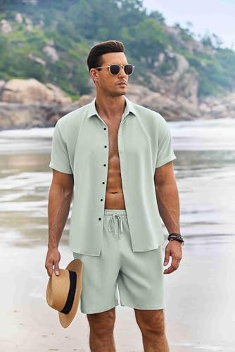 COOFANDY Men's Summer Beach Outfits 2 Piece Short Sleeve Shirts and Shorts Vacation Texture Linen Sets for Men - Image 2
