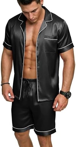 Ekouaer Mens Silk Satin Pajamas Set Short Sleeve Button Up Lounge Pjs Set by EKOUAER