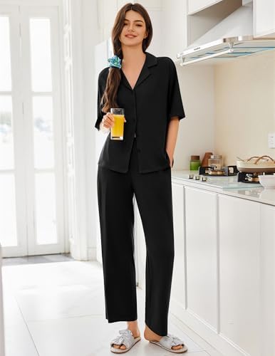 Ekouaer Women Pajamas Set Button Down Sleepwear Short Sleeve Pjs Long Pants - Image 3