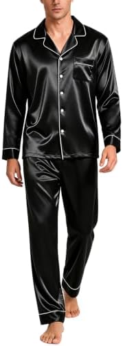 SWOMOG Mens Silk Satin Pajamas Set Long Sleeve Sleepwear Button-Down Pj Two-piece Loungewear with Long Pants S-XXL by SWOMOG