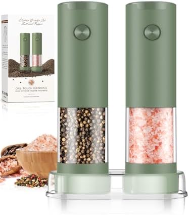 Salt and Pepper Grinder Set Mom Gifts, Electric Automatic Green Salt Pepper Shakers Home Kitchen Gadgets for New Home, Adjustable Coarseness Pepper Grinder Kitchen Appliances by ioion