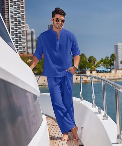 COOFANDY Men’s 2 Piece Cotton Linen Set Casual Beach Outfits Long Sleeve - Image 2