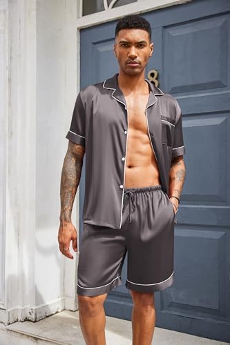 Ekouaer Mens Silk Satin Pajamas Set Short Sleeve Button Up Lounge Pjs Set - Image 4