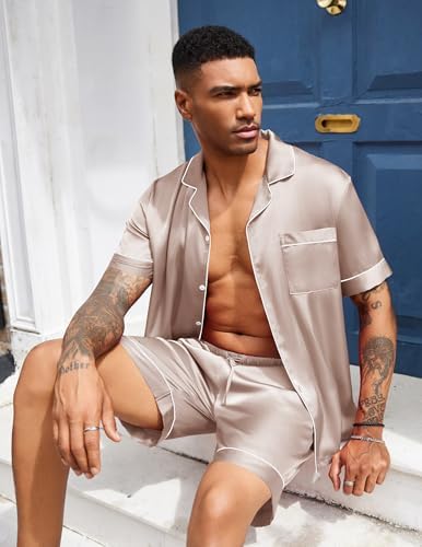 Ekouaer Mens Silk Satin Pajamas Set Short Sleeve Button Up Lounge Pjs Set - Image 3