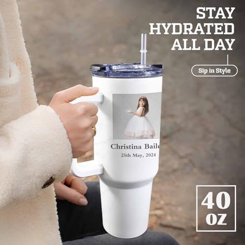 First Communion Gifts for Girls - Personalized 1st Holy Communion Tumblers with Handle and Straw, Custom First Holy Communion Coffee Tumbler with Photo & Name, Baptism Gifts for Girls Daughters - Image 4