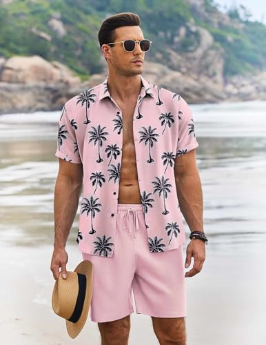 COOFANDY Men's Summer Beach Outfits 2 Piece Short Sleeve Shirts and Shorts Vacation Texture Linen Sets for Men - Image 2