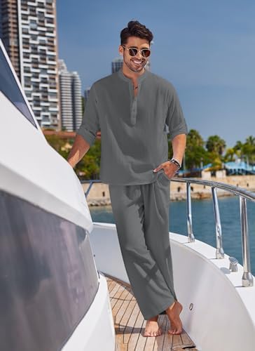 COOFANDY Men’s 2 Piece Cotton Linen Set Casual Beach Outfits Long Sleeve - Image 2