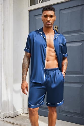 Ekouaer Mens Silk Satin Pajamas Set Short Sleeve Button Up Lounge Pjs Set - Image 4