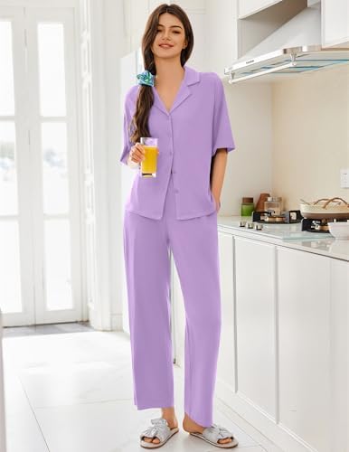 Ekouaer Women Pajamas Set Button Down Sleepwear Short Sleeve Pjs Long Pants - Image 3