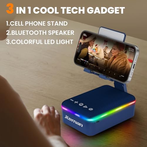 JTEMAN Gifts for Men Women,Cell Phone Stand with Bluetooth Speaker,LED Light,and Lanyard,Cool Tech Gadgets,Unique Birthday Gifts for Men Husband Mom Dad-Blue - Image 2