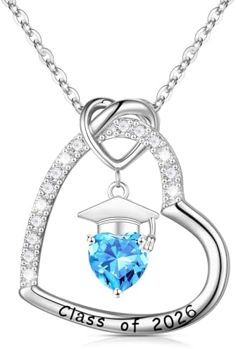 Turandoss 2026 Graduation Gifts - S925 Sterling Silver Heart Pendant Birthstone Graduation Cap Necklace Class of 2026 College High School Masters Degree Inspirational Gifts for Women by TurandossJewelry