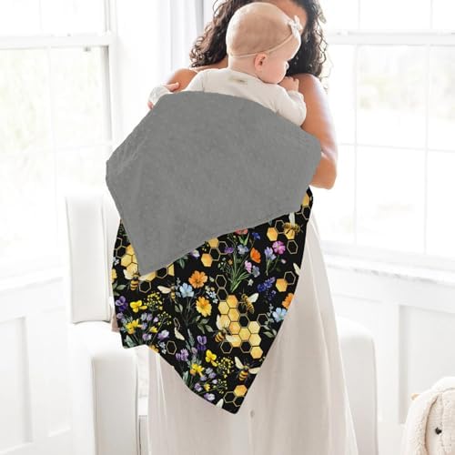 Boho Wildflower Bees Honeycomb Baby Blankets for Girl Boy Watercolor Honeybee Floral Soft Mink Dotted Backing Double Layer Swaddle Receiving Blanket for Toddler Nursery Crib Summer Bed Blanket 30x40 - Image 4