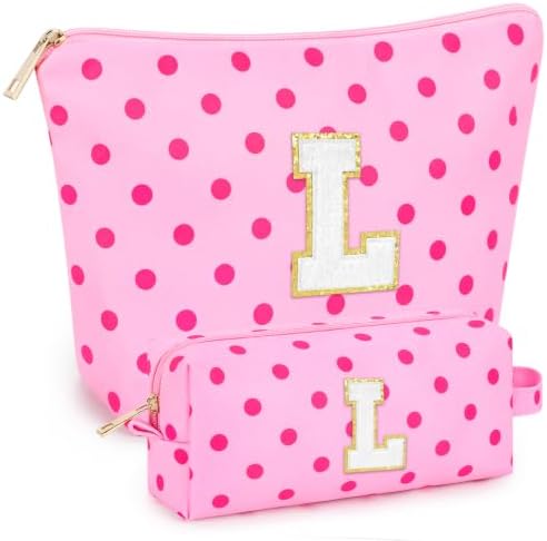 mibasies 2 PCS Initial Makeup Bags for Women: Cosmetic Bag for Travel Toiletry - Birthday Gifts for Teen Girl Gifts Trendy Stuff - Graduation Teacher Gift for Girlfriend -Polka Dot Rose Red L by mibasies