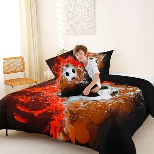 Erosebridal Soccer Print Kids Bedding | 3D Football Pattern Comforter Sets King,Red Flame Soccer Comforter Sports Games Duvet Insert with 2 Pillow Cases - Image 3