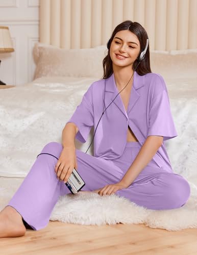 Ekouaer Women Pajamas Set Button Down Sleepwear Short Sleeve Pjs Long Pants - Image 4