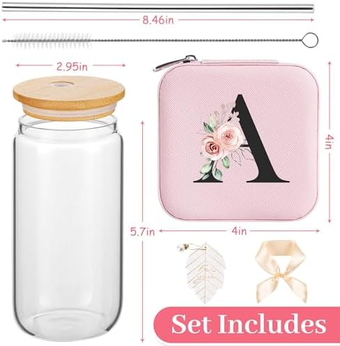 AYGXU teacher appreciation gifts,glass cups with lids and straws,Initia glass cups,Travel Must Have Jewelry Box,iced coffee cups,Travel Gifts for Women Girls,Initial A pink - Image 2
