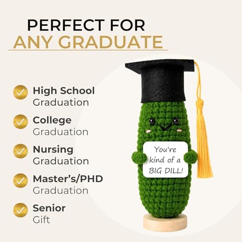 Graduation Pickle Gift 2026 for Her & Him – Funny Crochet Graduation Gift, Emotional Support Pickle with Graduation Cap & Wooden Stand, Cute Class of 2026 Senior Grad Gift for College & High School - Image 3