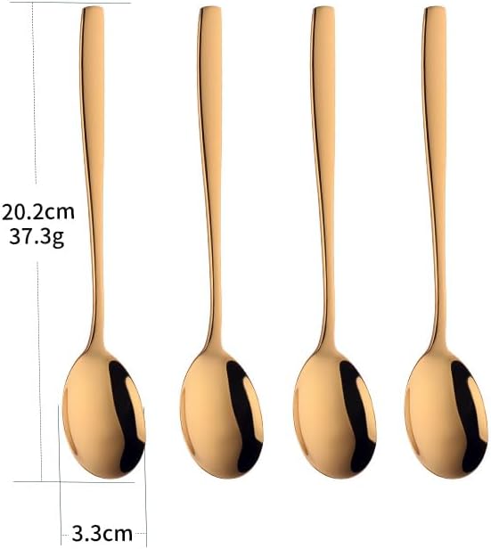 Metal Round Spoons, 8 inch Stainless Steel Reusable Long Handle Korean Soup Spoons, Table Dinner Desert Spoon Set of 8 (Gold)