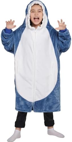 Waitu Shark Wearable Blanket for Kids, Shark Blanket Hoodie Funny Birthday Gifts for Women Men Boys Girls, Shark Hooded Blanket Cute Flannel Shark Costume for Shark Lovers (Kids, Blue) by Waitu