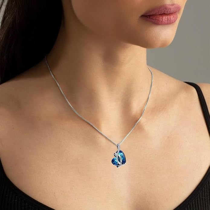 AOBOCO I Love You Sterling Silver 12 Birthstone Heart Pendant Necklace Embellished with Crystals from Austria, Mother's Day Anniversary Birthday Jewelry Christmas Gifts for Women Grandma Nana