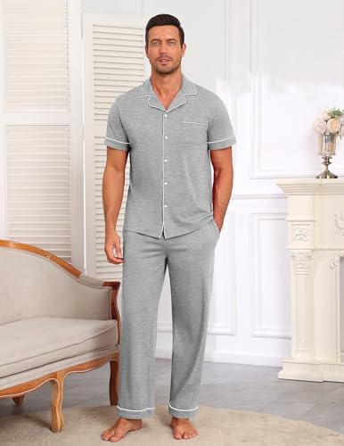 Ekouaer Men's Cotton Pajama Set Short Sleeve Button Down Sleepwear Pjs - Image 2
