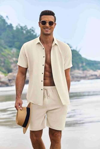 COOFANDY Men's Summer Beach Outfits 2 Piece Short Sleeve Shirts and Shorts Vacation Texture Linen Sets for Men - Image 2