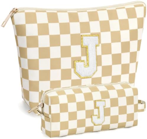 mibasies 2 PCS Initial Makeup Bags for Women: Cosmetic Bag for Travel Toiletry - Birthday Gifts for Teen Girl Gifts Trendy Stuff - Graduation Teacher Gift for Girlfriend -Checkered Brown J by mibasies