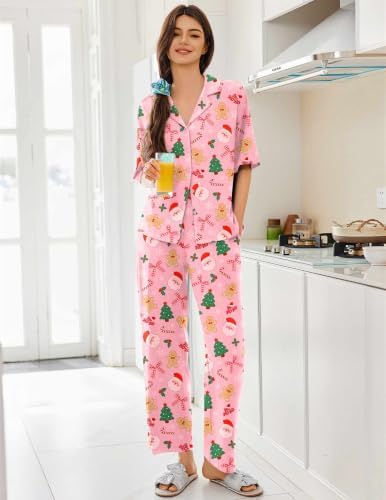 Ekouaer Women Pajamas Set Button Down Sleepwear Short Sleeve Pjs Long Pants - Image 3