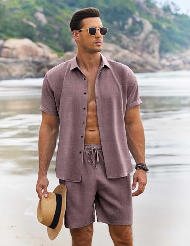 COOFANDY Men's Summer Beach Outfits 2 Piece Short Sleeve Shirts and Shorts Vacation Texture Linen Sets for Men - Image 2