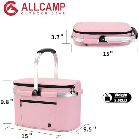 ALLCAMP Picnic Basket, 22L Insulated Cooler Foldable, Thick, Pink - Image 2
