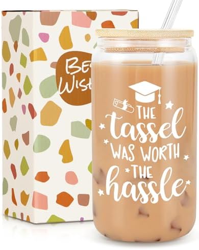 Frerdui Graduation Gift - The Tassel Was Worth the Hassle - 16oz Glass Cup for Her 2024, College, High School Student, New Job Congratulations by Frerdui
