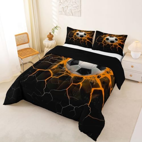 Erosebridal Soccer Bedding King,Lightning Football Print Comforter Set Sports Ball Game Bed Sets Soccer Ball Games Duvet Insert 3 Pieces - Image 2